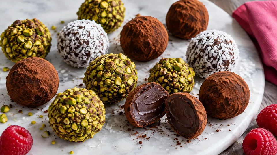 Hjemmelavede chokoladetrøfler rullet i kakao, pistacie og kokos, én skåret over, så den blanke ganache ses