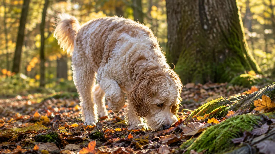Hund med krøllet pels snuser i skovbunden mellem nedfaldne blade under ege- og bøgetræer