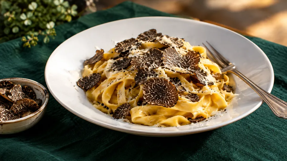 Tagliatelle med smør og tynde skiver sort trøffel på en hvid tallerken