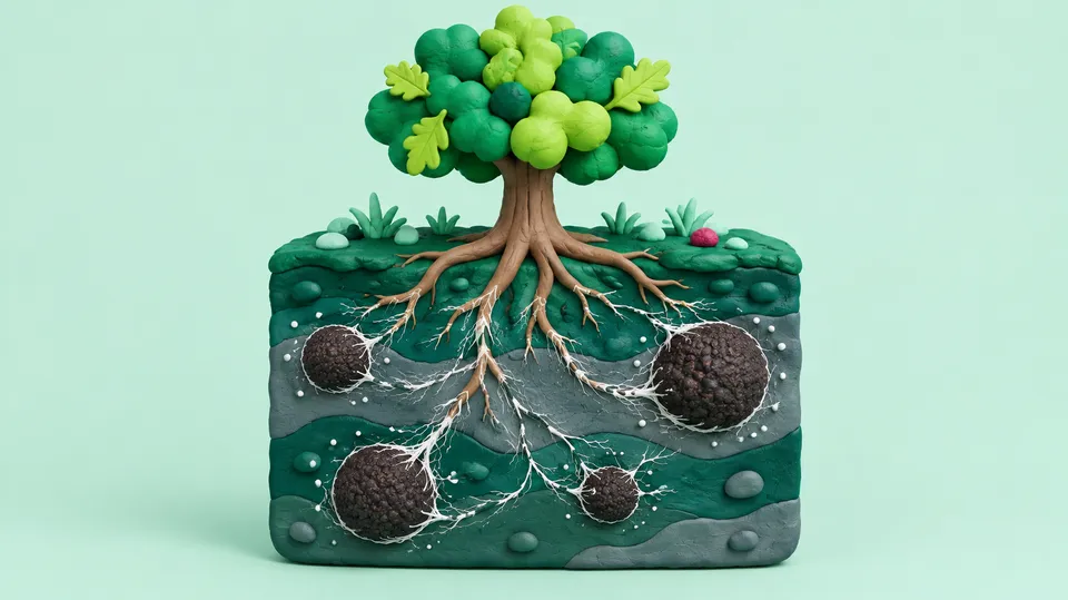 3D-illustration i ler: fine svampetråde fra trøffelsvampen omslutter et træs rødder og forbinder dem med trøfler under jorden