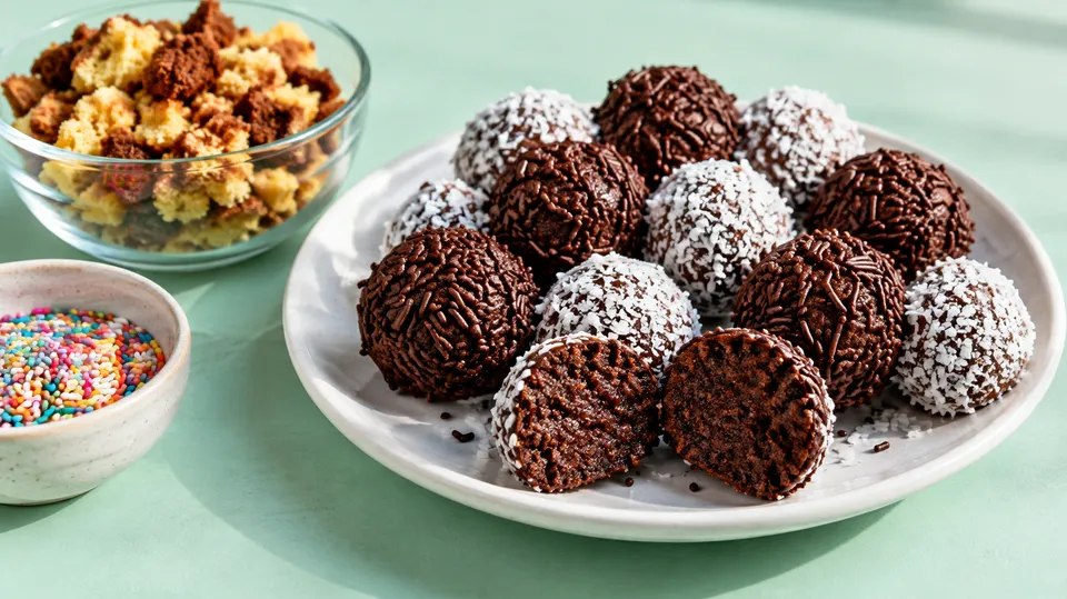 Kugler af kagerester rullet i chokoladekrymmel og kokos på en hvid tallerken ved siden af en skål med kagekrummer